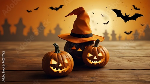 Orange halloween background with pumpkins