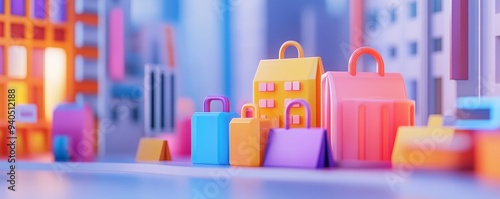 Colorful bags and buildings in a miniature city.