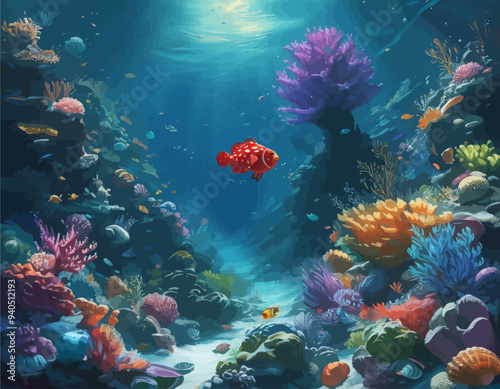 Underwater Paradise: A Vibrant Coral Reef Scene with a Red Fish