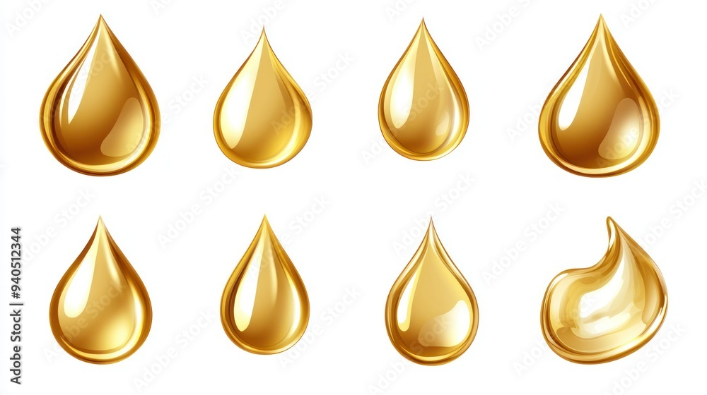 Eight Golden Oil Drops on a White Background Eight Golden Oil Drops on a White Background
