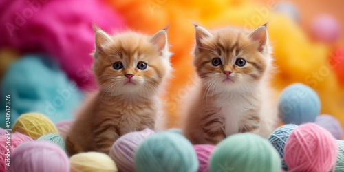 Curious Kittens Sitting on Colorful pastel Yarn Balls