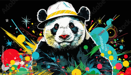 Vibrant and lively panda portrait with a colorful, dynamic background