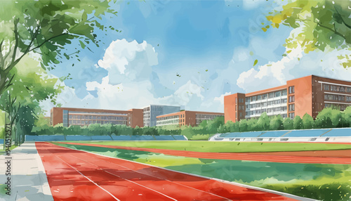 Vibrant Campus Scene with Red Track and Green Trees