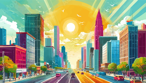Vibrant Cityscape with Tall Buildings, Sunset, and People on the Streets
