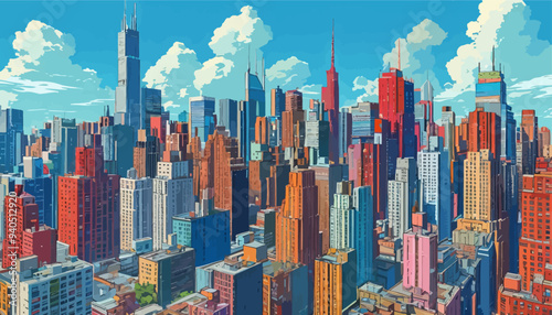 Vibrant Cityscape with Tall Buildings and Clouds