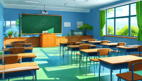 Vibrant Classroom with Blue Chairs and Green Desks