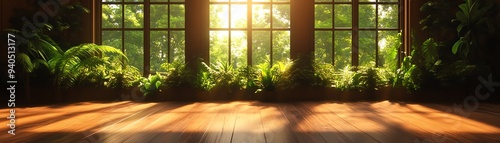 A serene interior space with natural light streaming through large windows, highlighting lush greenery and a wooden floor.