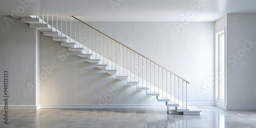 Minimalist Modern Staircase in a White Room, 3D Render, Interior Design, Staircase, Architecture, Modern Home photo