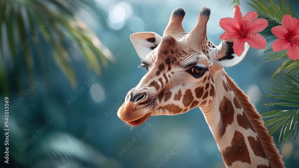 Obraz premium A giraffe exploring a lush, luxurious garden, surrounded by vibrant flowers and elegant design.