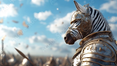 A zebra dressed as a medieval knight in shining armor, standing gallantly in a historical setting.