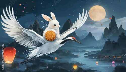 Whimsical Fantasy: A Bunny Riding a Bird Through a Moonlit Night