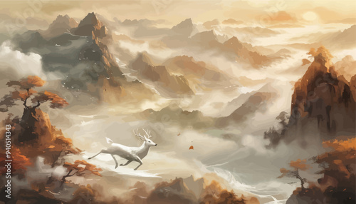 Whimsical Forest Adventure: A Deer's Journey Through a Misty Mountain Landscape
