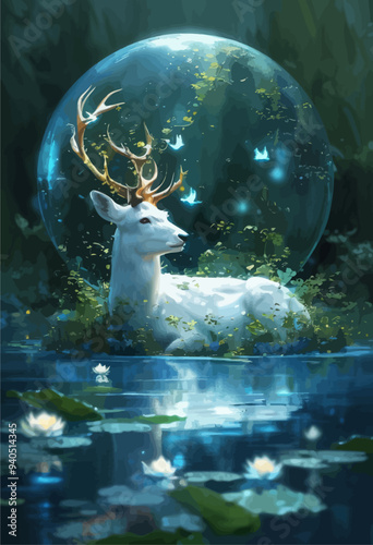 Whimsical Fantasy: Deer with Antlers Resting in a Bubble-like Environment