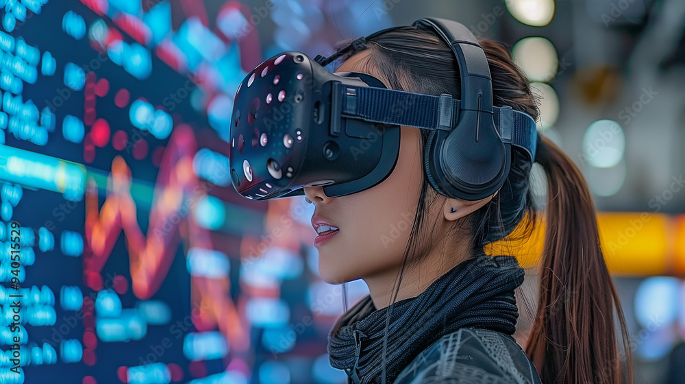 Woman Using Virtual Reality Headset with Data Visualization Woman Using Virtual Reality Headset with Data Visualization