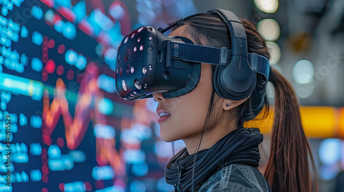 Woman Using Virtual Reality Headset with Data Visualization