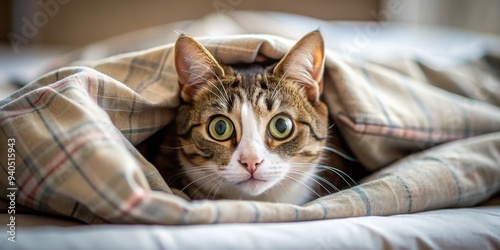 Peek-a-Boo Kitty A Tabby Cat's Playful Gaze From Under a Blanket, Plaid, Blanket, Cat photo