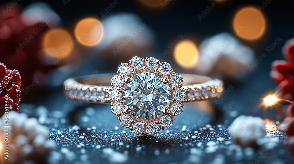 a diamond ring with a large, sparkling diamond on a elegant background with bokeh light effects. a diamond ring with a large, sparkling diamond on a elegant background with bokeh light effects.