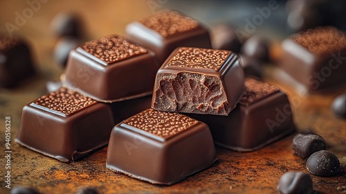 Stack of chocolate candies with caramel on a warmtoned background photo