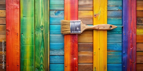Rainbow Paintbrush on Colorful Wooden Planks, Painting, Wood, DIY, Decoration photo