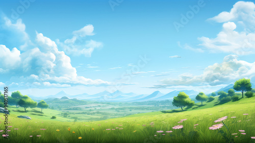 Serene Summer Landscape: Green Grass, Blue Sky, and Distant Mountains