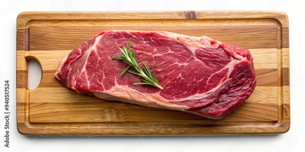 Raw Beef Steak on Wooden Cutting Board with Rosemary Sprig, Steak, Cooking, Butcher, Meat Raw Beef Steak on Wooden Cutting Board with Rosemary Sprig, Steak, Cooking, Butcher, Meat