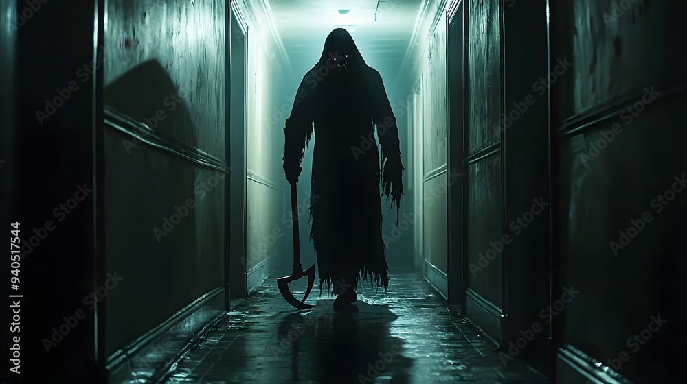 A mysterious figure looms in a dark, eerie hallway with an axe.