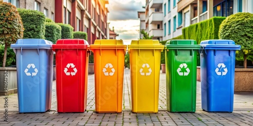 Recycling Bins in a Row, Blue, Red, Yellow, Green, Recycle, Waste photo