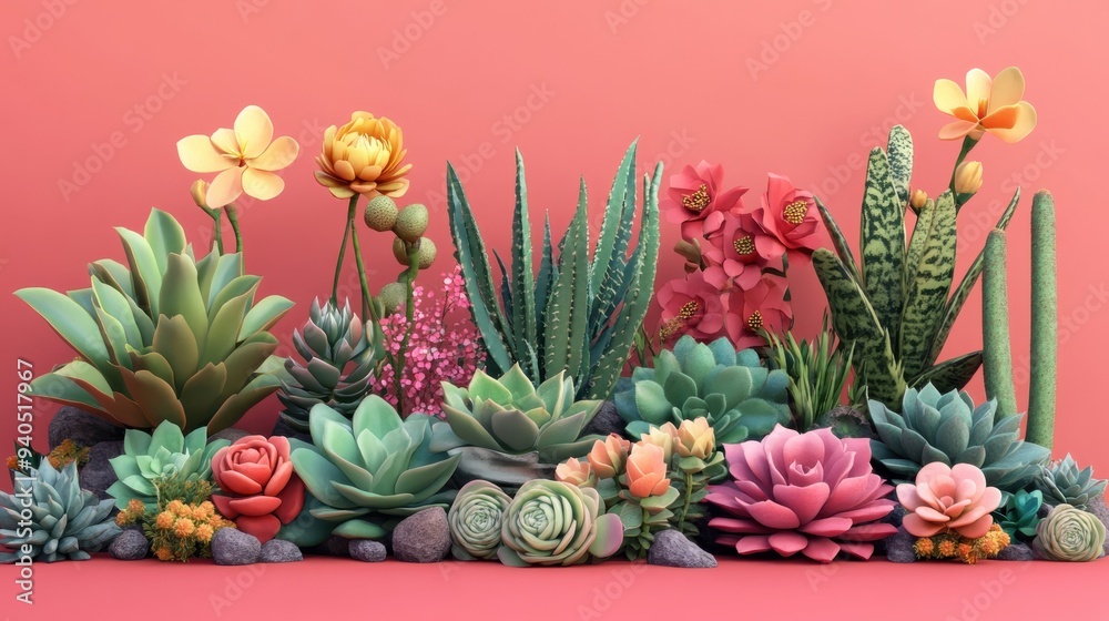 Fototapeta premium Flowering succulents flat design, side view, unique desert plants theme, 3D render, Splitcomplementary color scheme
