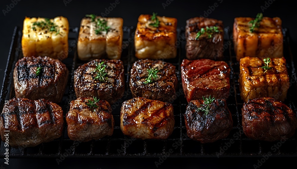 A close-up of a variety of grilled meats, including beef, pork, and chicken, arranged in a grid on a black surface. A close-up of a variety of grilled meats, including beef, pork, and chicken, arranged in a grid on a black surface.