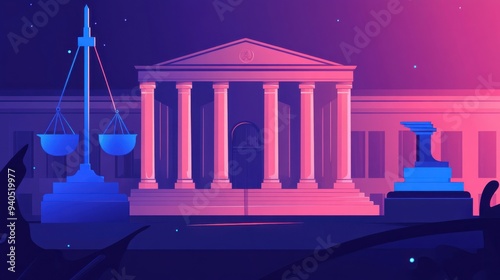Courtordered bankruptcy flat design, front view, legal mandate theme, animation, Complementary Color Scheme photo