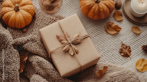 Minimalist autumn gift box with a touch of gold, clean lines 