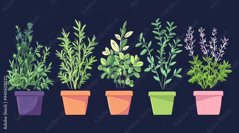 Fototapeta premium Aromatic herbs flat design, front view, fragrant garden plants theme, cartoon drawing, Complementary Color Scheme