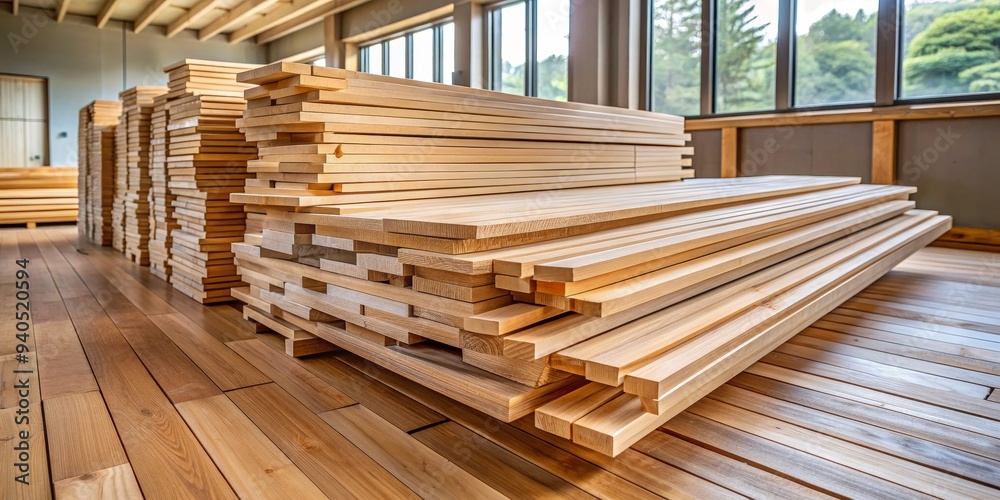 Stacked Wooden Planks in a Warehouse, Wide Angle, Natural Light, Woodworking, Lumber, Timber, Carpenter Stacked Wooden Planks in a Warehouse, Wide Angle, Natural Light, Woodworking, Lumber, Timber, Carpenter