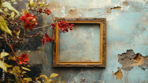 Golden Frame Hanging on a Weathered Wall with Flowers