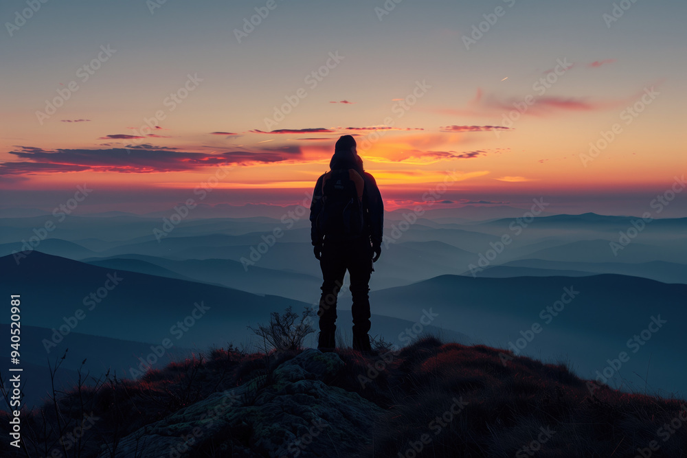 Individual standing on a mountain peak witnessing a breathtaking sunset with vast, layered mountain ranges in the background creating a tranquil and serene atmosphere Individual standing on a mountain peak witnessing a breathtaking sunset with vast, layered mountain ranges in the background creating a tranquil and serene atmosphere