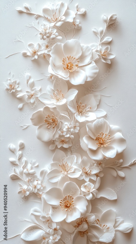 3D Embossed White Flowers with Golden Centers on a Textured Wall 3D Embossed White Flowers with Golden Centers on a Textured Wall