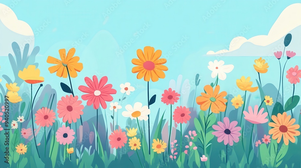 Flower garden flat design, front view, blooming flowers theme, animation, vivid
