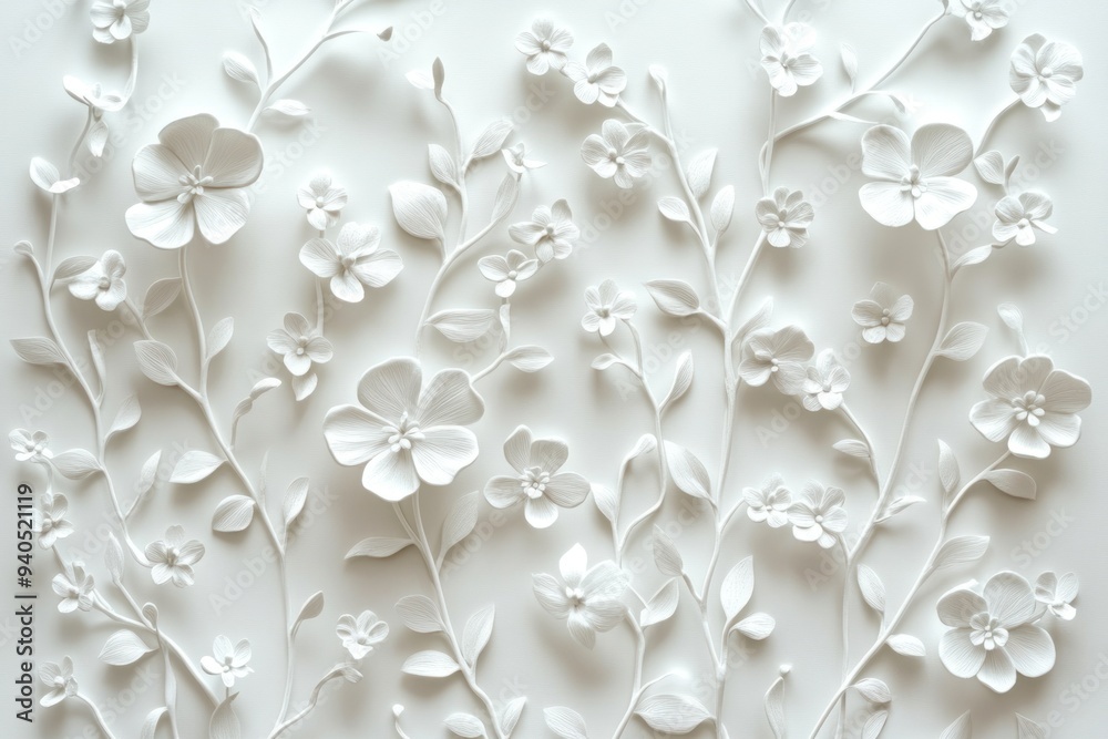 White Floral Wall Decor with 3D Embossed Flowers and Leaves White Floral Wall Decor with 3D Embossed Flowers and Leaves