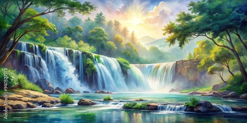 Sunlit Waterfall Paradise, Oil Painting, Lush Greenery, Waterfall, Paradise, Nature, Landscape