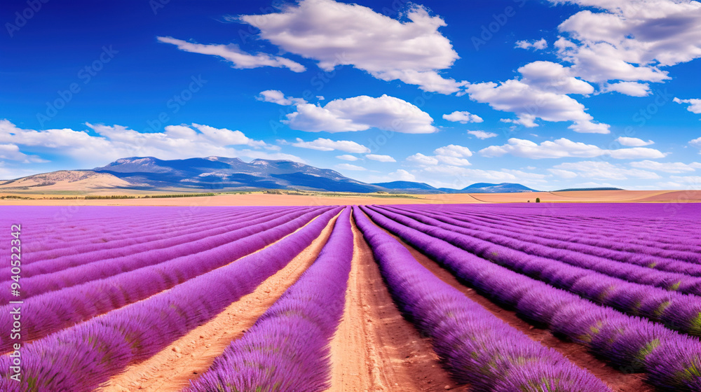 Stunning View of a Lavender Field with Mountains in the Background Stunning View of a Lavender Field with Mountains in the Background