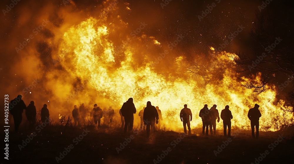 Silhouettes of People Observing a Fiery Blaze Silhouettes of People Observing a Fiery Blaze