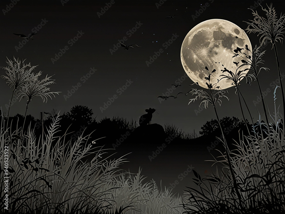 Photorealistic black & white silhouette of mouse howling, moon backdrop Generated by AI Photorealistic black & white silhouette of mouse howling, moon backdrop Generated by AI