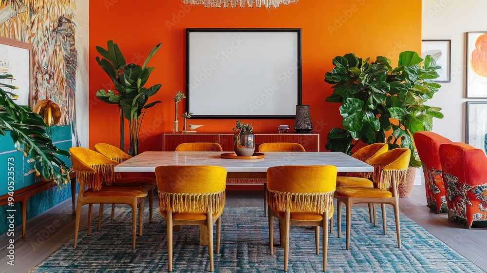 Modern Dining Room with Orange Walls and Yellow Chairs Modern Dining Room with Orange Walls and Yellow Chairs