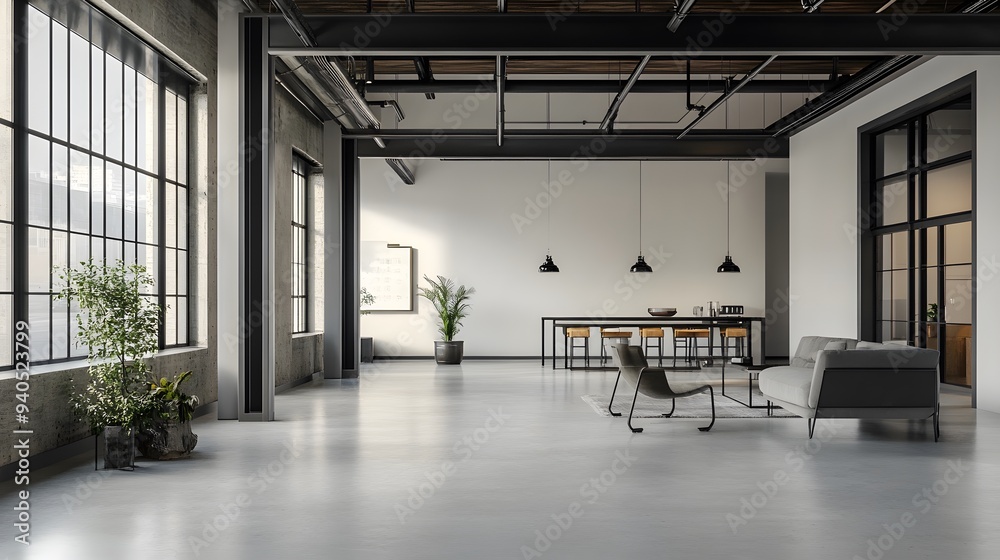 A modern industrial space featuring clean white walls, exposed metal ... - Clean Modern Industrial Spaces Nyc