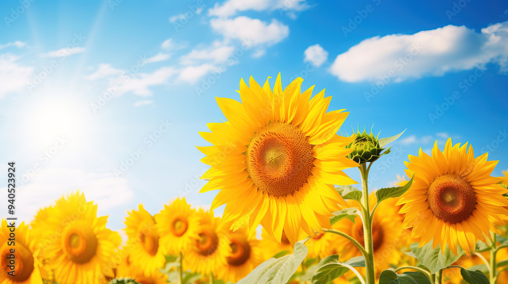 Fototapeta premium Vibrant Yellow Sunflowers in a Field Under a Blue Sky