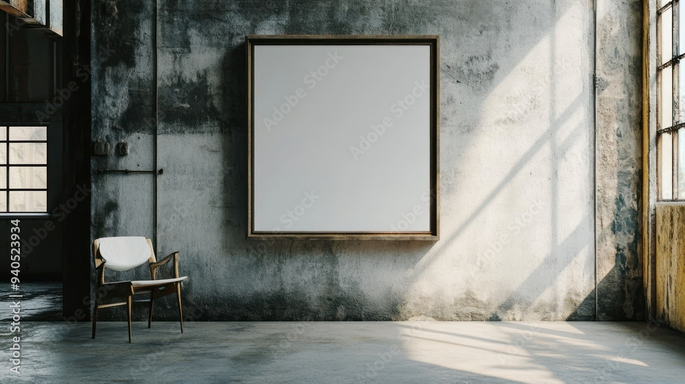 A large, blank picture frame hangs on a weathered wall in a modern space. A large, blank picture frame hangs on a weathered wall in a modern space.