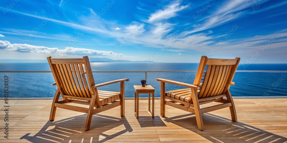 Two Wooden Chairs on Deck Overlooking the Sea, Blue Sky and Clouds, Wooden Deck, Ocean View, Relaxation, Vacation , Greece Two Wooden Chairs on Deck Overlooking the Sea, Blue Sky and Clouds, Wooden Deck, Ocean View, Relaxation, Vacation , Greece