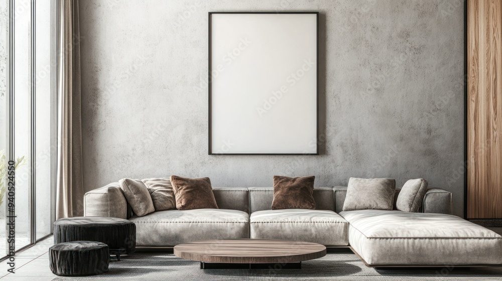 Modern Living Room with Grey Sectional Sofa and Empty Frame Modern Living Room with Grey Sectional Sofa and Empty Frame