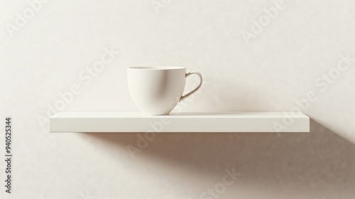 Minimalist White Cup on a Floating Shelf in Soft Light.