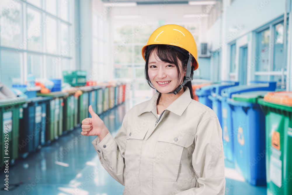 ゴミ清掃の仕事をする若い女性 ゴミ清掃の仕事をする若い女性